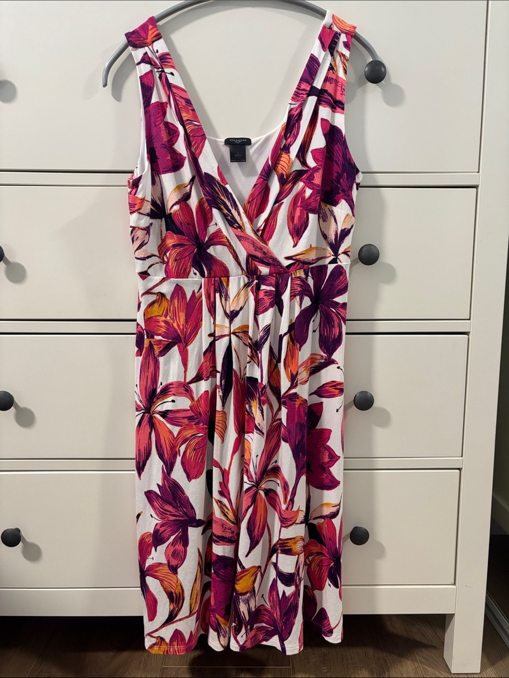 Ann Taylor White Midi Dress with Pink & Orange Floral Print